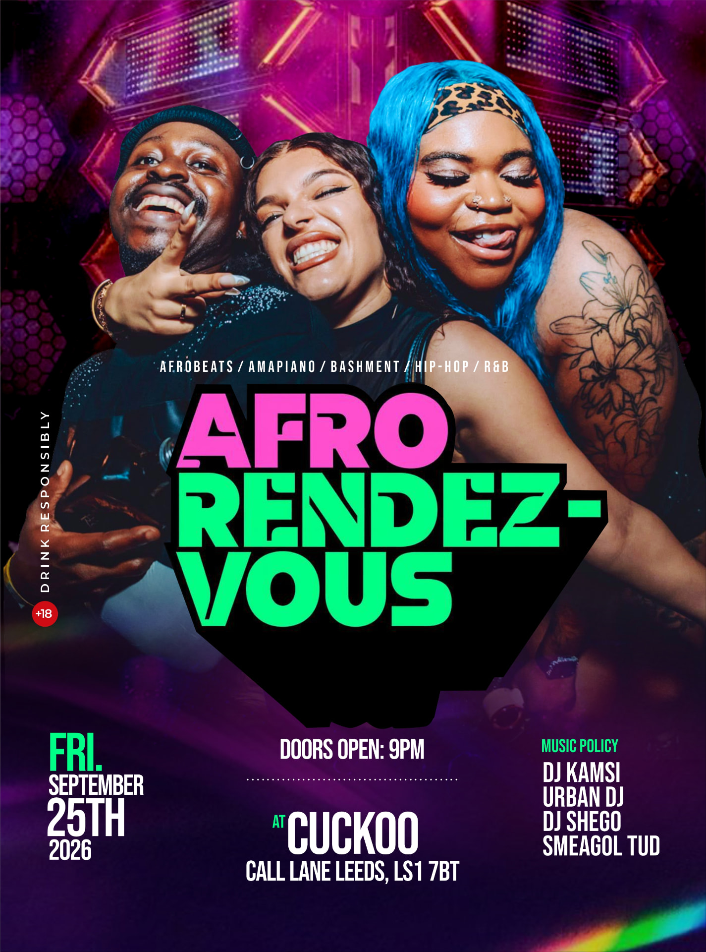 AFRORENDEZVOUS event poster — Friday 25 September 2026 at Cuckoo, Call Lane, Leeds, LS1 7BT