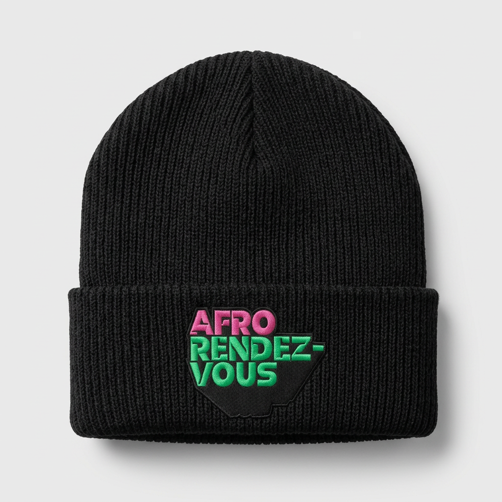 Afrorendezvous Beanie Hat mockup featuring the official pink and green logo
