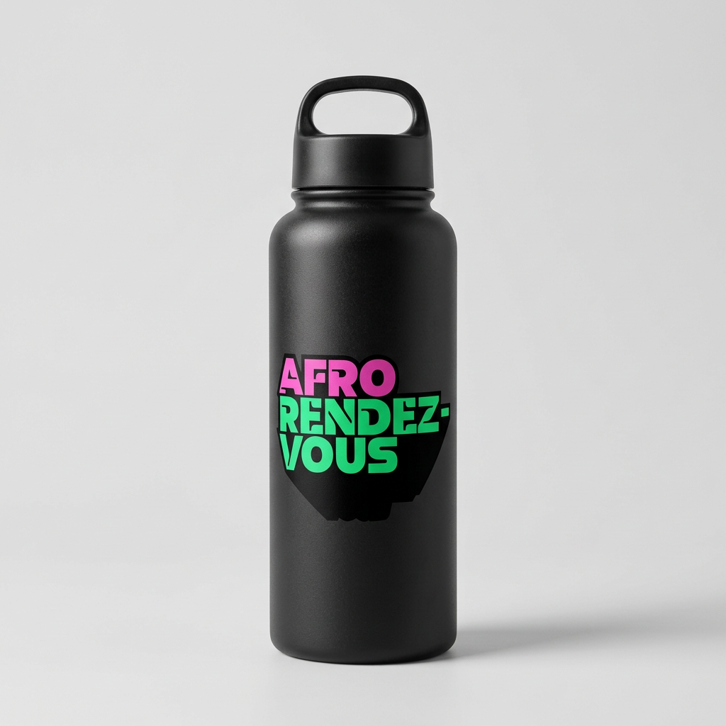 Afrorendezvous Water Bottle mockup featuring the official pink and green logo