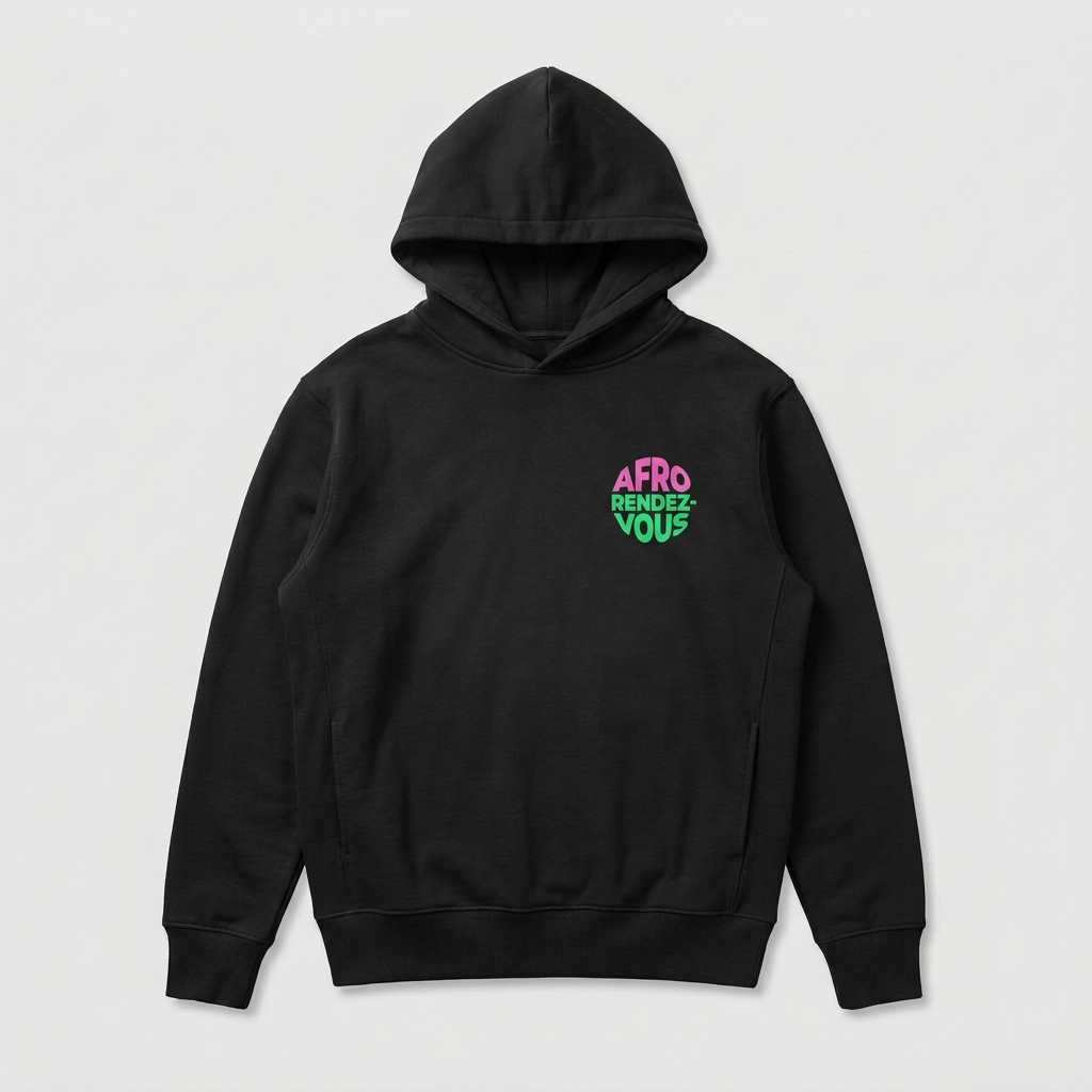 Afrorendezvous Hoodie mockup featuring the official pink and green logo