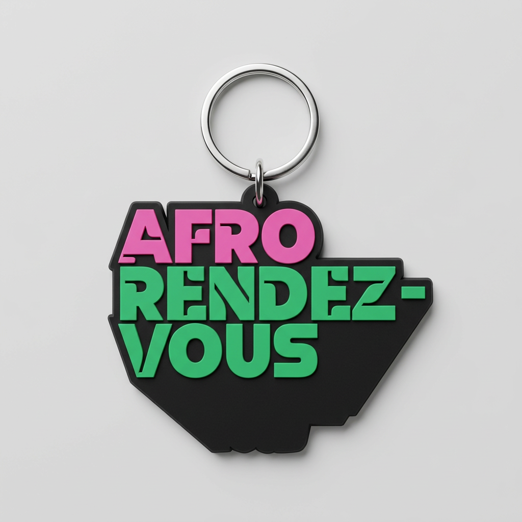 Afrorendezvous Key Holder mockup featuring the official pink and green logo