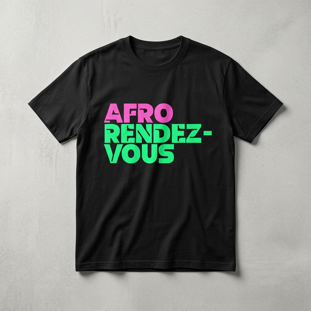 Afrorendezvous T-shirt mockup featuring the official pink and green logo