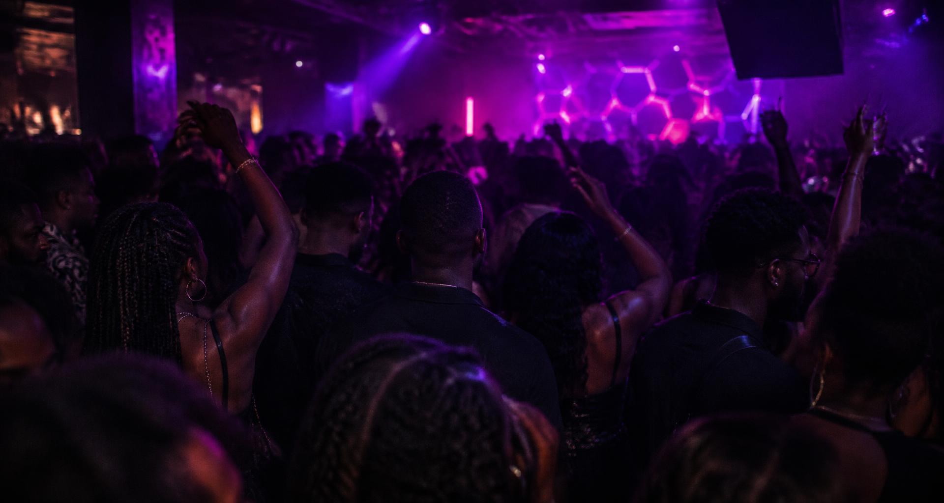 Illustrative Afrobeats crowd seen from the back of the room